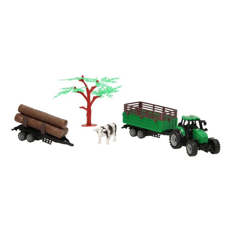 Afbeelding laden in galerijviewer, Lobbes tractor met aanhangwagen, boomstammen en koe