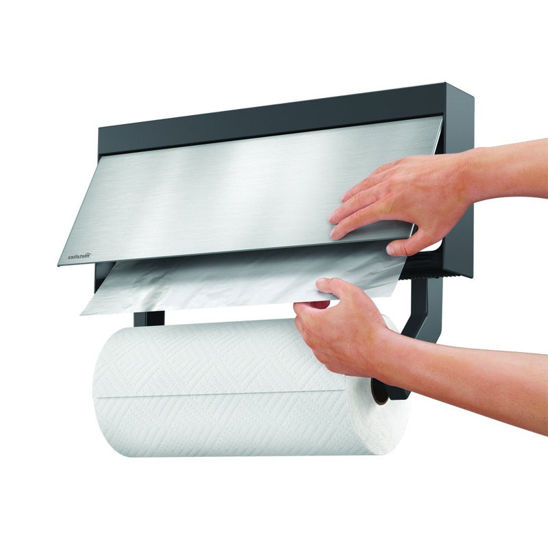 Afbeelding laden in galerijviewer, Metaltex kitchen helpers tango keukenrolhouder met snijhulp 38x6x17 cm rvs grijs