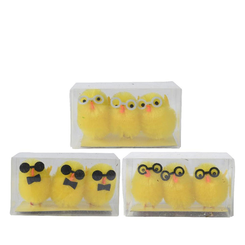 Afbeelding laden in galerijviewer, Decoris kuiken chenille met bril 3-delig 3x3x4cm 3 assorti