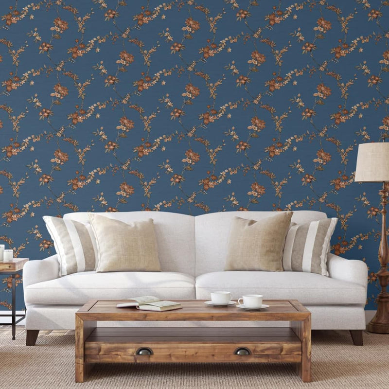 Afbeelding laden in galerijviewer, DUTCH WALLCOVERINGS DUTCH WALLCOVERINGS Behang Flower donkerblauw en bronskleurig