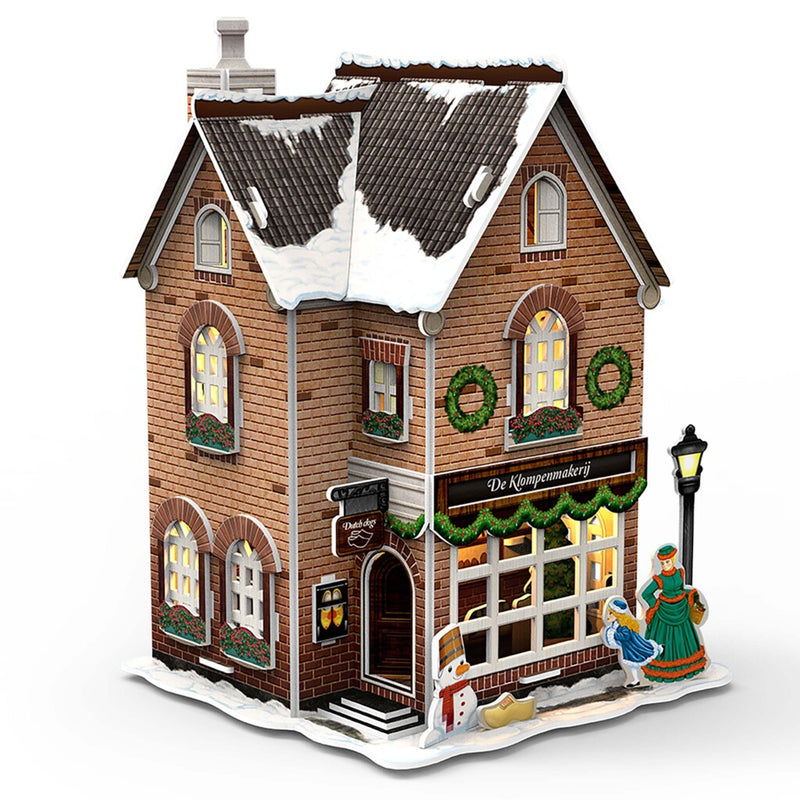 Afbeelding laden in galerijviewer, Cubic fun 3d puzzel hollands huisje winter klompenmakerij + licht 53 stukjes