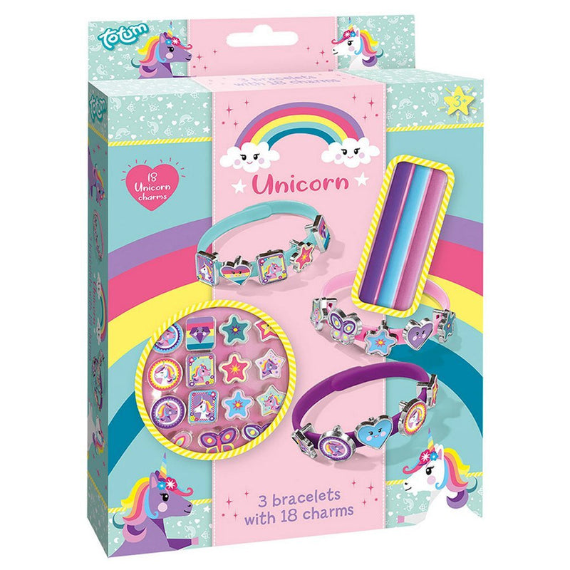 Afbeelding laden in galerijviewer, Totum unicorn 3 schuif armbandjes maken met 18 bedels - knutselset - speelgoed knutselen meisjes en jongens vanaf 3 jaar