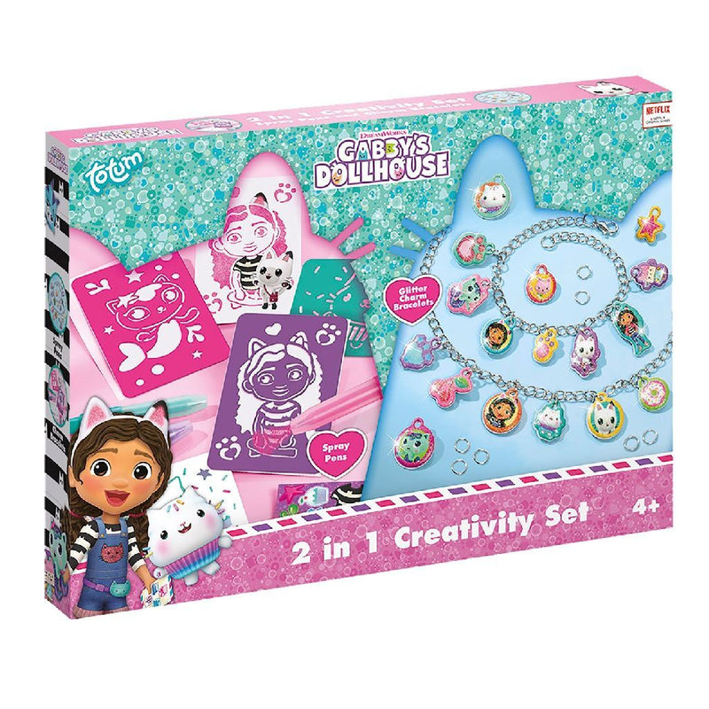 Afbeelding laden in galerijviewer, Totum gabby’s poppenhuis knutselset 2 in 1 glitter bedelarmbandjes maken blaaspennen en sjablonen gabby’s dollhouse creatief speelgoed meisjes cadeau tip
