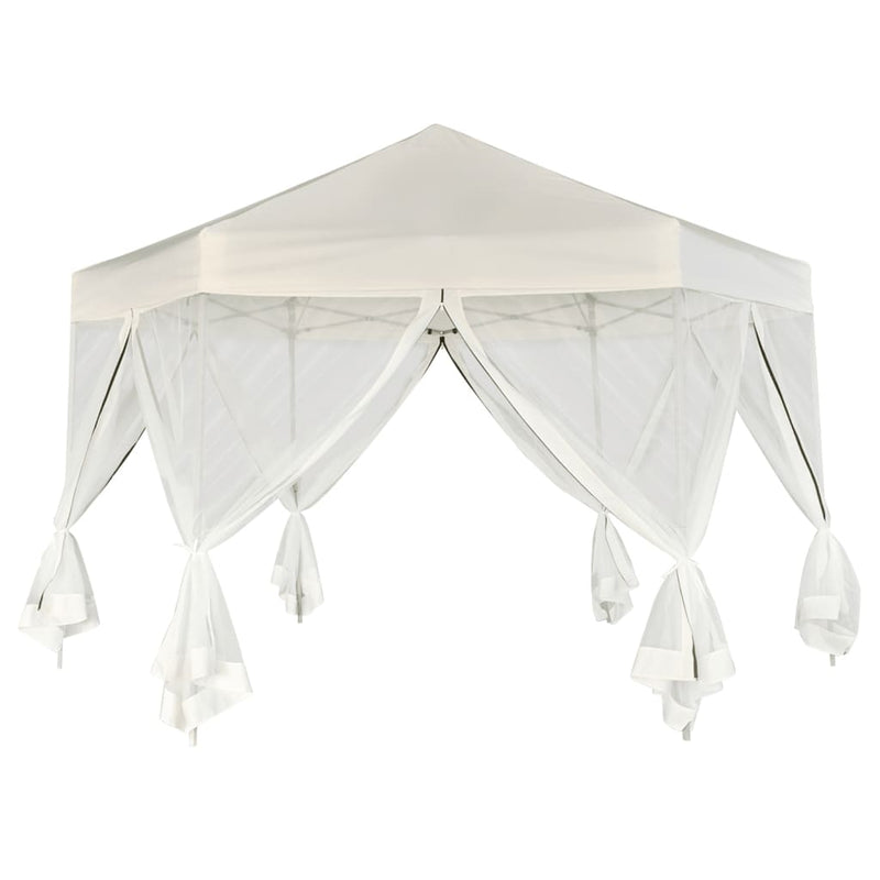 Afbeelding laden in galerijviewer, Vidaxl partytent pop-up zeshoekig met 6 zijwanden 3,6x3,1 m crèmewit