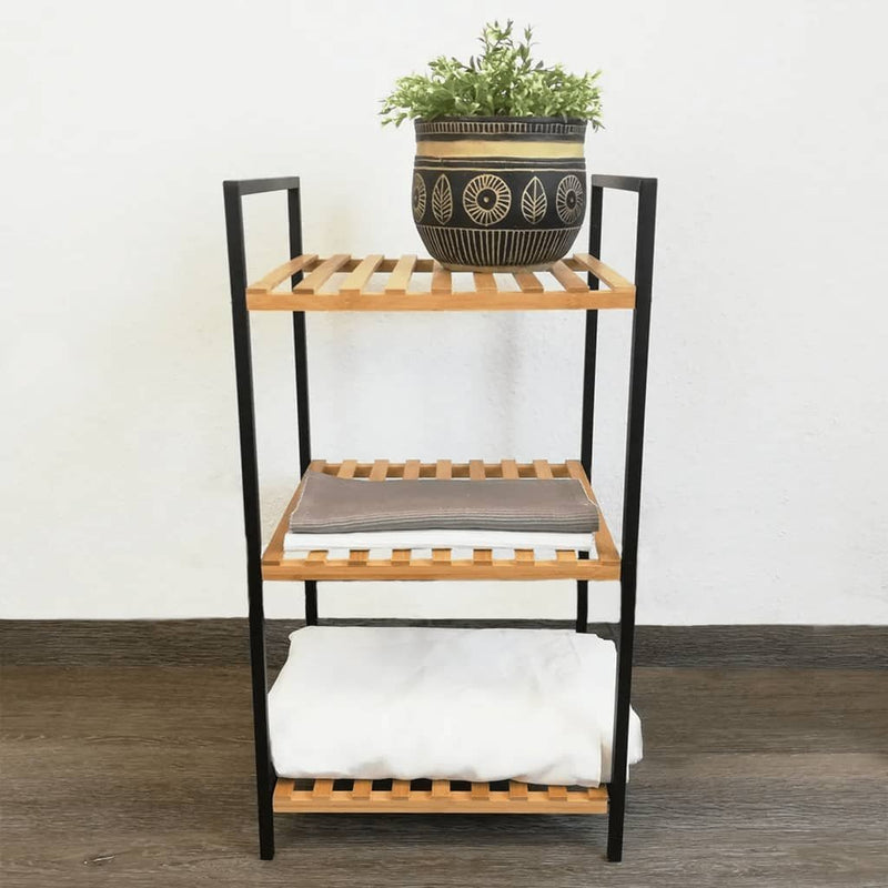 Afbeelding laden in galerijviewer, Excellent houseware handdoekenrek 3 etages 38x32x70 cm bamboe metaal zwart