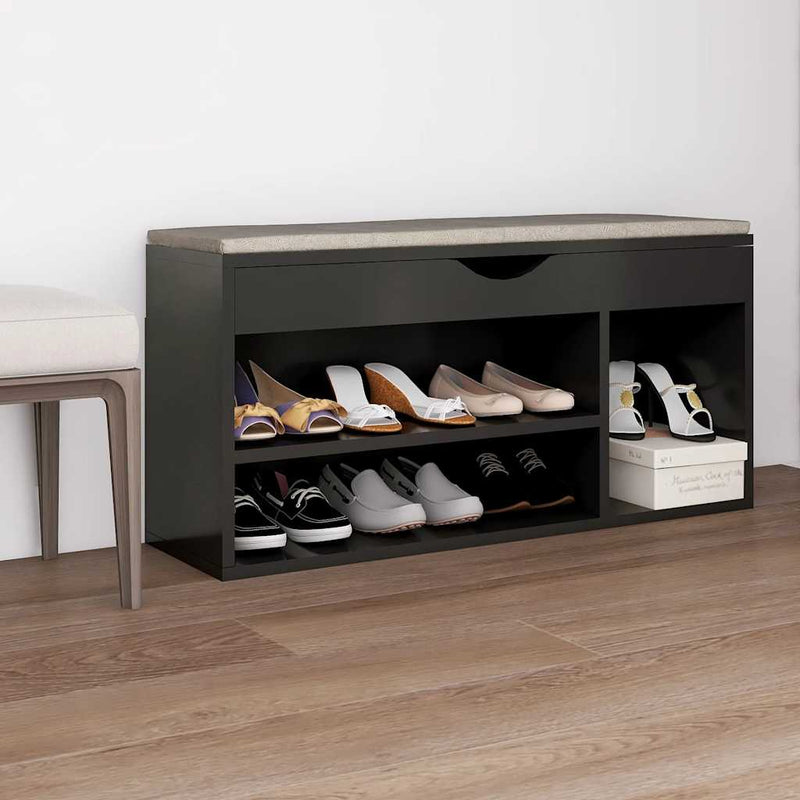Afbeelding laden in galerijviewer, Vidaxl schoenenbank met kussen 104x30x49 cm bewerkt hout grijs