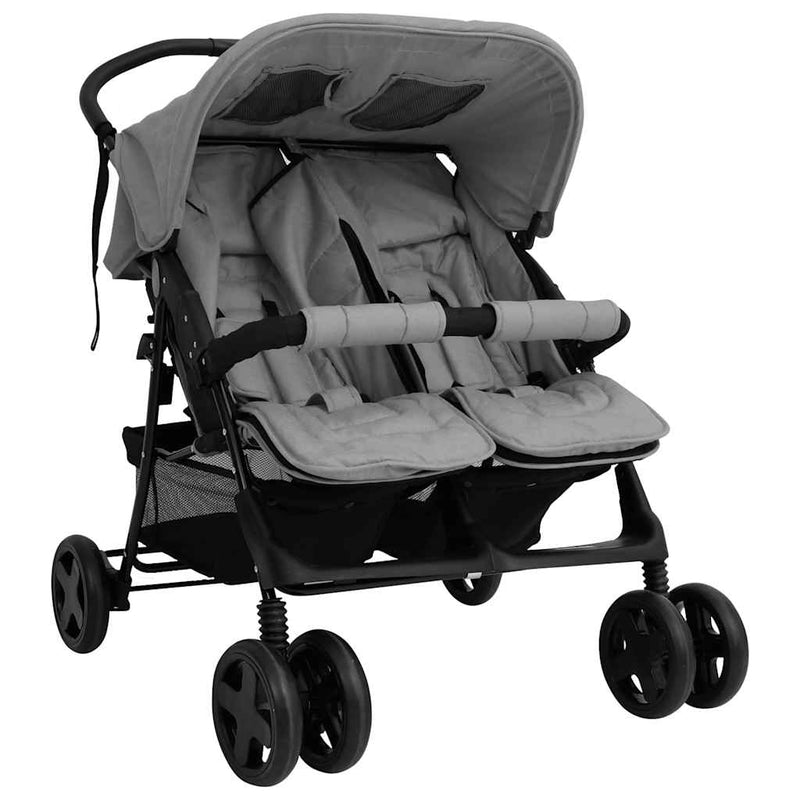 Afbeelding laden in galerijviewer, Vidaxl tweelingkinderwagen staal lichtgrijs