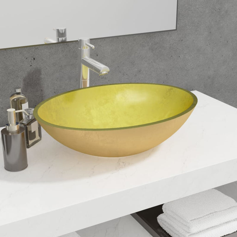 Afbeelding laden in galerijviewer, Vidaxl wasbak 50x37x14 cm glas goudkleurig