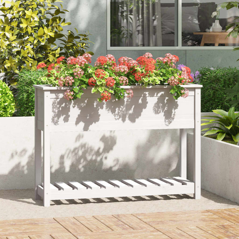 Afbeelding laden in galerijviewer, Vidaxl plantenbak met schap 111,5x34,5x81 cm massief grenenhout wit