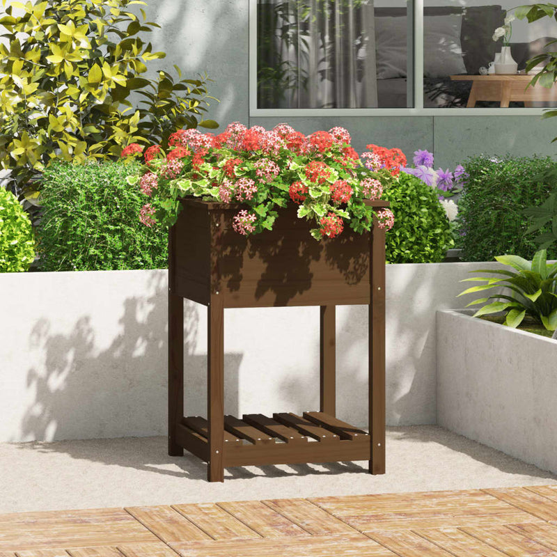 Afbeelding laden in galerijviewer, Vidaxl plantenbak met schap 54x54x81 cm grenenhout honingbruin