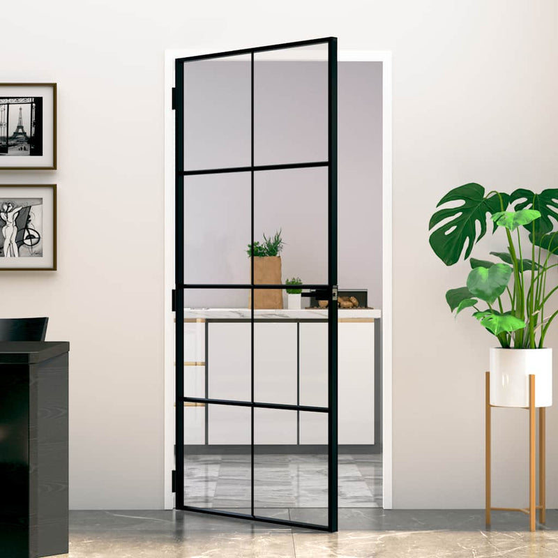 Afbeelding laden in galerijviewer, Vidaxl binnendeur 93x201,5 cm gehard glas en aluminium smal zwart
