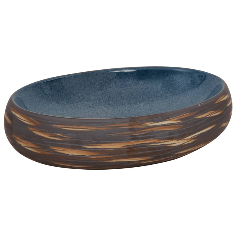 Afbeelding laden in galerijviewer, Vidaxl opzetwasbak ovaal 59x40x15 cm keramiek bruin en blauw