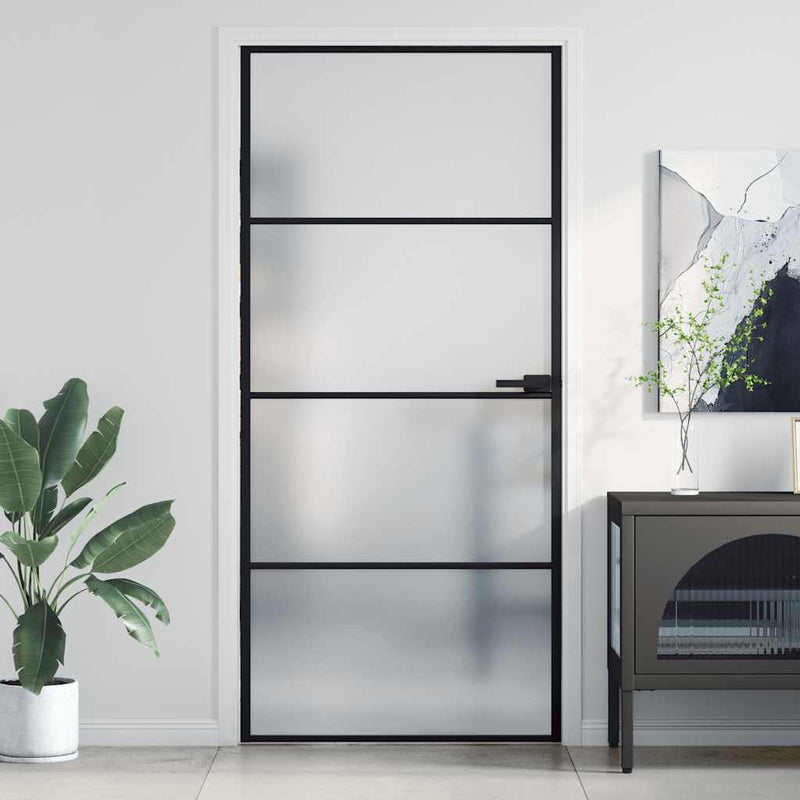 Afbeelding laden in galerijviewer, Vidaxl binnendeur smal 93x201,5 cm gehard glas en aluminium zwart