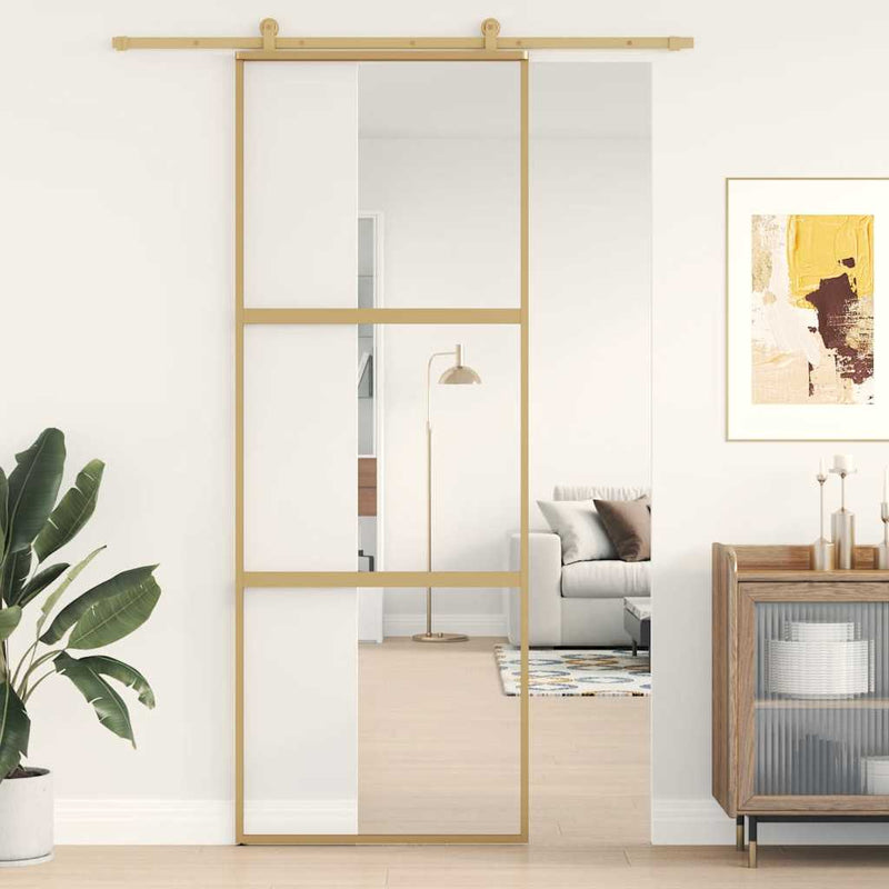 Afbeelding laden in galerijviewer, Vidaxl schuifdeur 76x205 cm helder esg-glas en aluminium goudkleurig