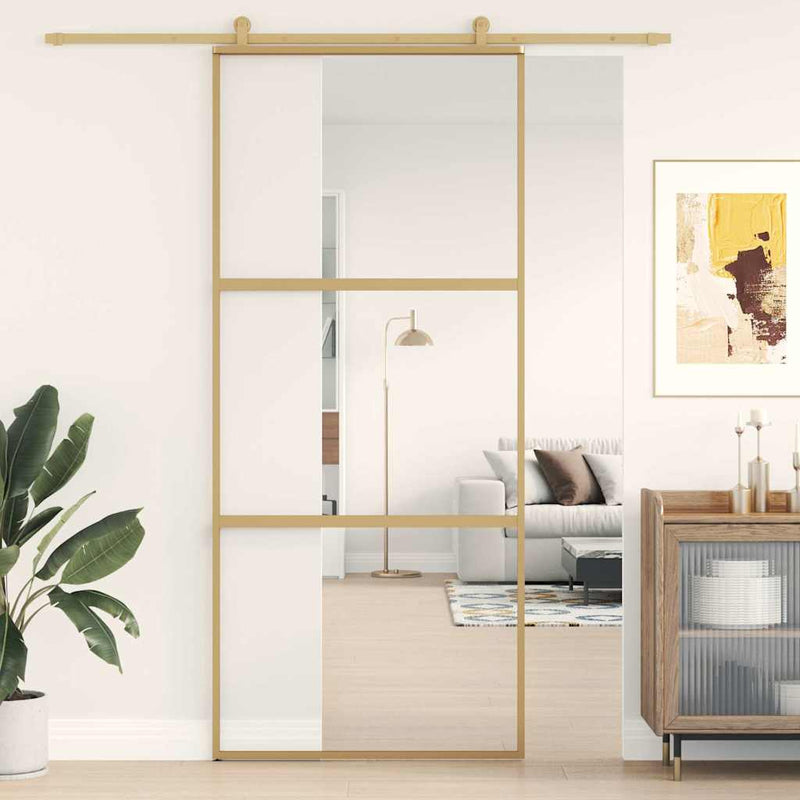 Afbeelding laden in galerijviewer, Vidaxl schuifdeur 90x205 cm helder esg-glas en aluminium goudkleurig