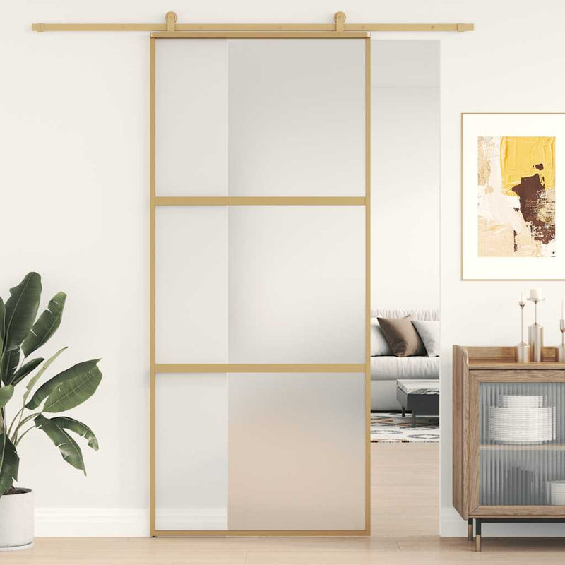 Afbeelding laden in galerijviewer, Vidaxl schuifdeur 90x205 cm mat esg-glas en aluminium goudkleurig