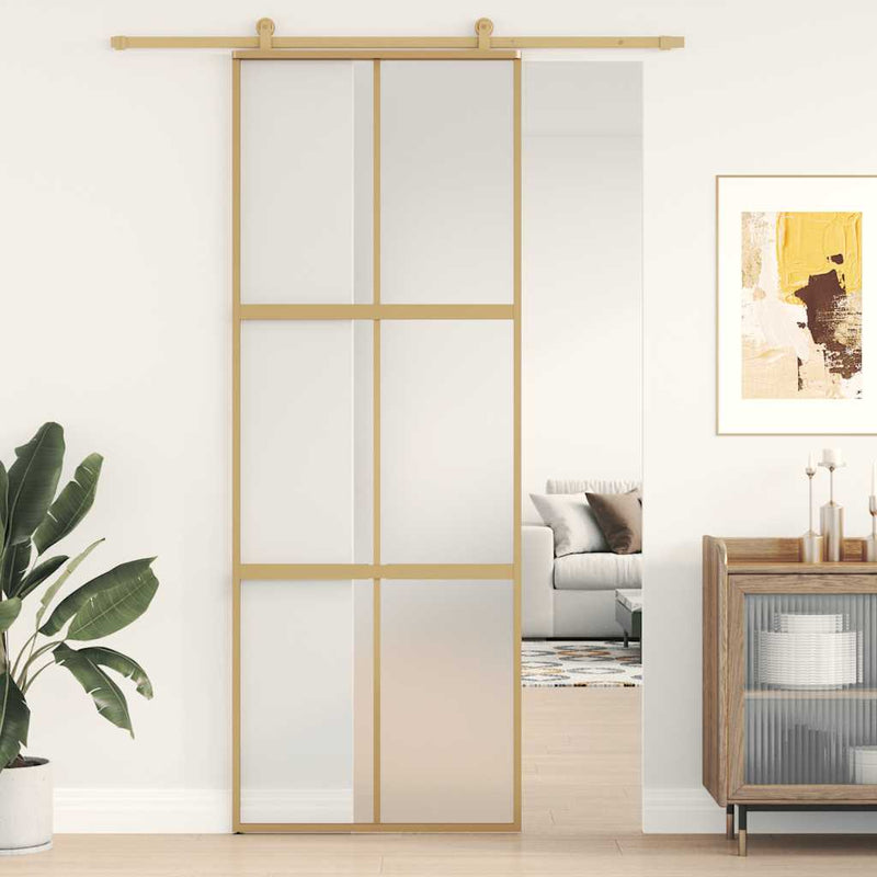 Afbeelding laden in galerijviewer, Vidaxl schuifdeur 76x205 cm mat esg-glas en aluminium goudkleurig
