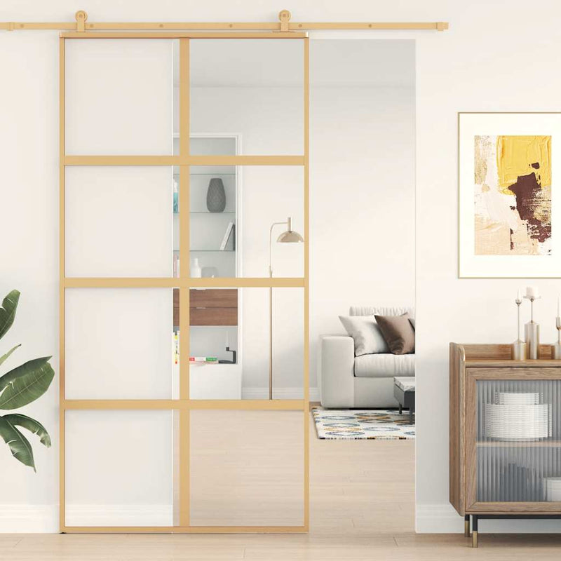 Afbeelding laden in galerijviewer, Vidaxl schuifdeur 102,5x205 cm helder esg-glas en aluminium goudkleur