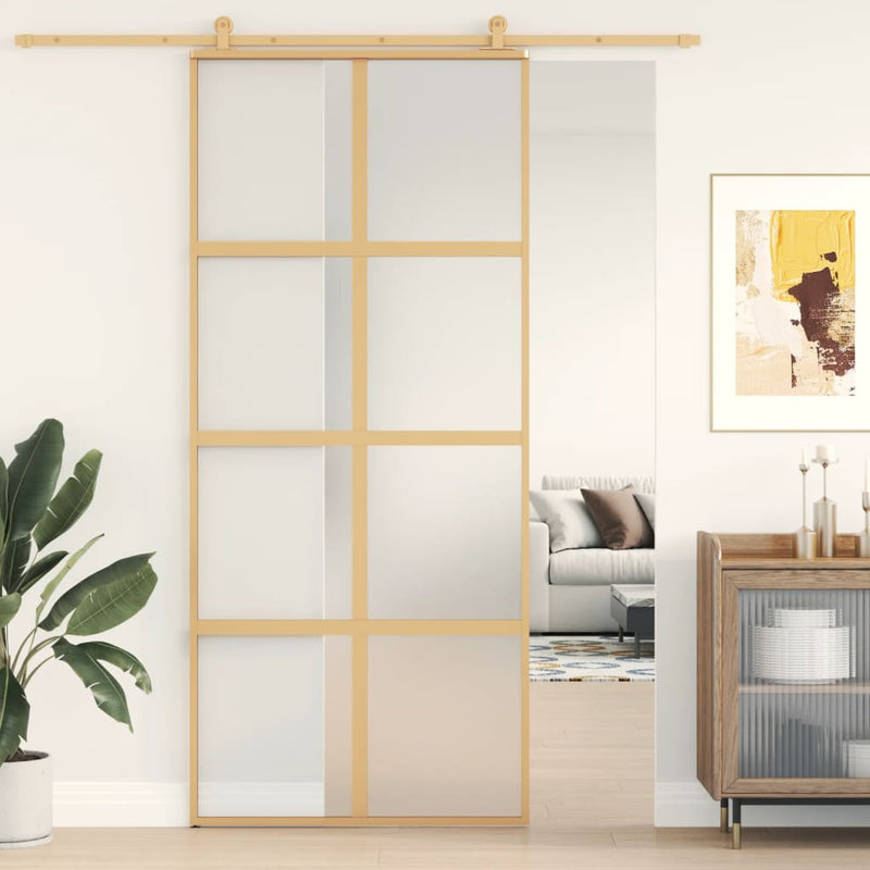 Afbeelding laden in galerijviewer, Vidaxl schuifdeur 90x205 cm mat esg-glas en aluminium goudkleurig