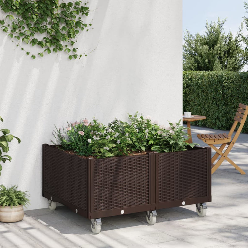 Afbeelding laden in galerijviewer, Vidaxl plantenbak met wielen 100x80x54 cm polypropeen bruin