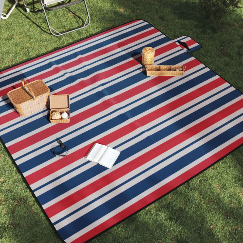 Afbeelding laden in galerijviewer, Vidaxl picknickkleed opvouwbaar strepen 200x200 cm fluweel blauw rood