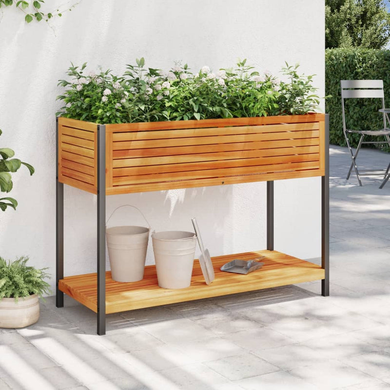 Afbeelding laden in galerijviewer, Vidaxl plantenbak met schap 110x45x80 cm massief acaciahout en staal