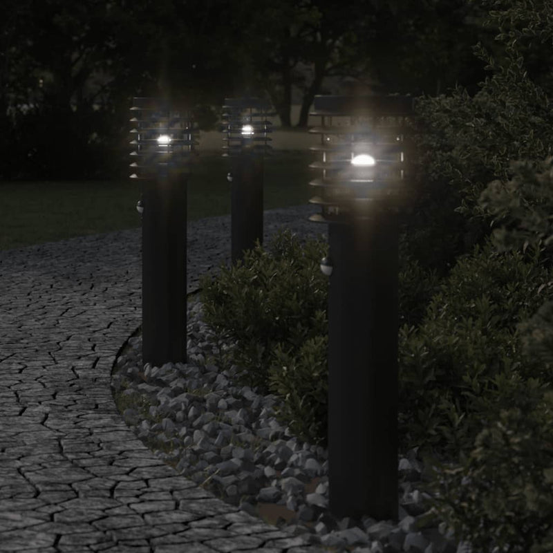 Afbeelding laden in galerijviewer, Vidaxl buitenvloerlampen 3 st met sensors roestvrijstaal zwart