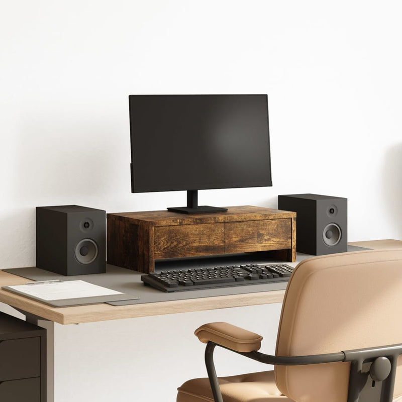 Afbeelding laden in galerijviewer, Vidaxl monitorstandaard met lades 50x27x15 cm hout gerookt eikenkleur