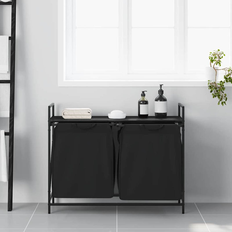 Afbeelding laden in galerijviewer, Vidaxl wasmand 2 vakken met plank zwart eikenkleurig