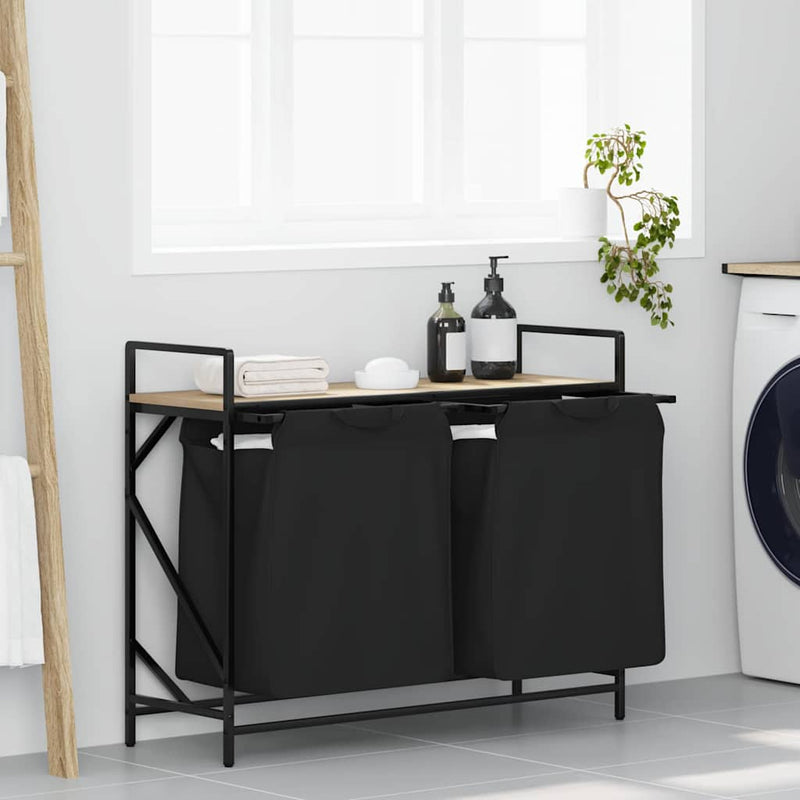 Afbeelding laden in galerijviewer, Vidaxl wasmand 2 vakken met plank sonoma eikenkleurig