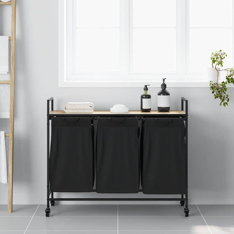 Afbeelding laden in galerijviewer, Vidaxl wasmand 3 vakken met planken sonoma eikenkleurig