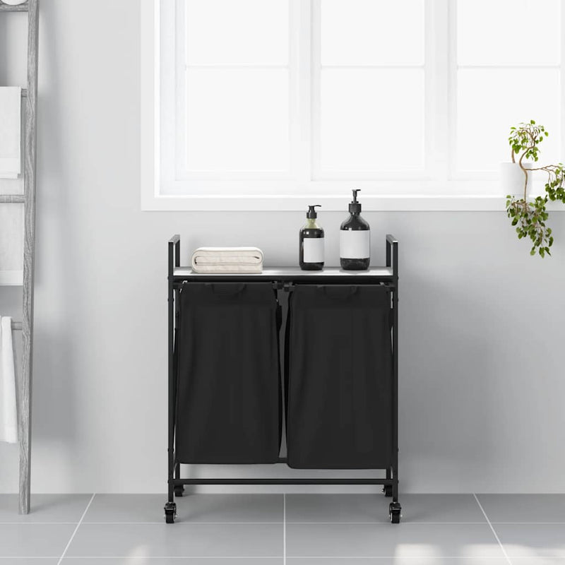 Afbeelding laden in galerijviewer, Vidaxl wasmand 2 vakken met planken grijs sonoma eiken