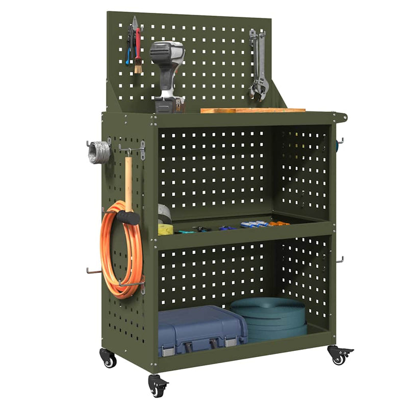Afbeelding laden in galerijviewer, Vidaxl gereedschapswagen met plank olijf groen 65 x 35 x 111 cm