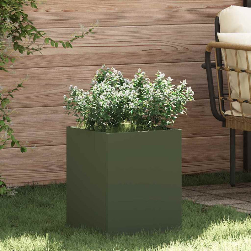 Afbeelding laden in galerijviewer, Vidaxl tuin bloempot olijf groen 32 x 32 x 40 cm koudgewalst staal