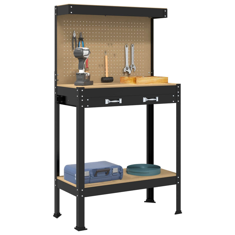 Afbeelding laden in galerijviewer, Vidaxl werkbank met lade met plank zwart 81 x 41 x 145 cm metaal