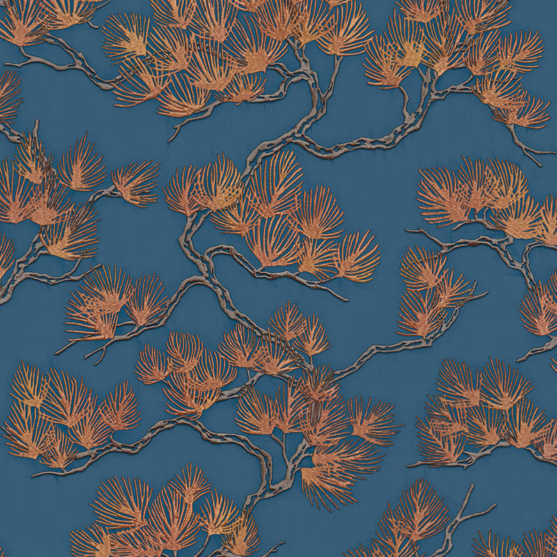 Afbeelding laden in galerijviewer, Dutch wallcoverings behang pine tree goudkleurig en blauw