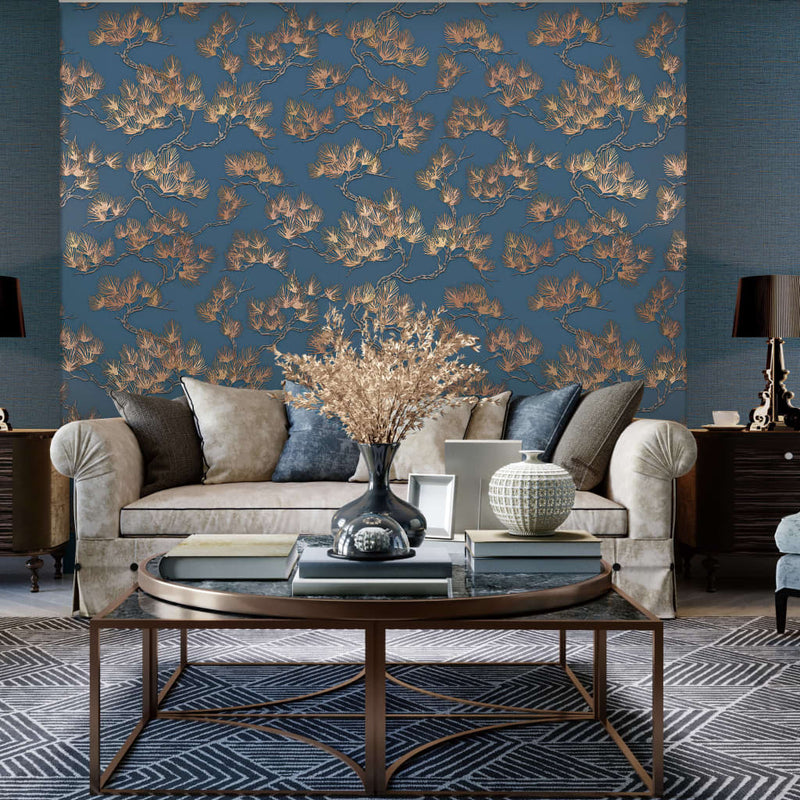 Afbeelding laden in galerijviewer, Dutch wallcoverings behang pine tree goudkleurig en blauw