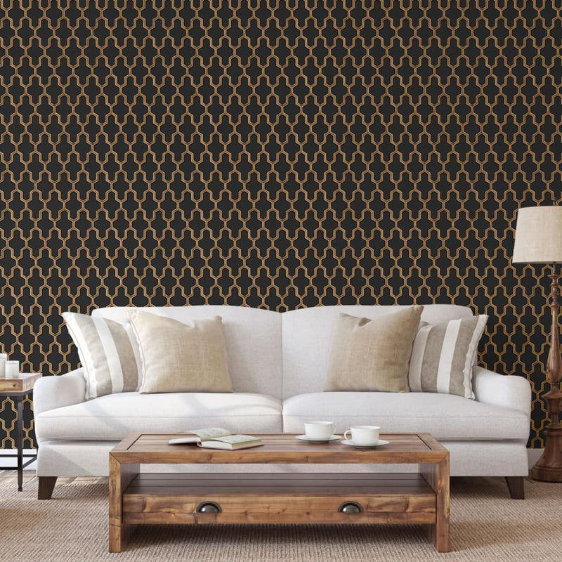 Afbeelding laden in galerijviewer, Dutch wallcoverings behang geometric zwart en goudkleurig