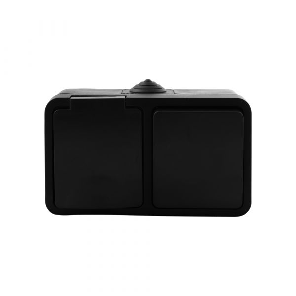 Afbeelding laden in galerijviewer, Q-link - wandcontactdoos - opbouw - 1-voudig stopcontact - 1-voudig wisselschakelaar - spatwaterdicht ip54 - randaarde - kinderbeveiliging - mat zwart