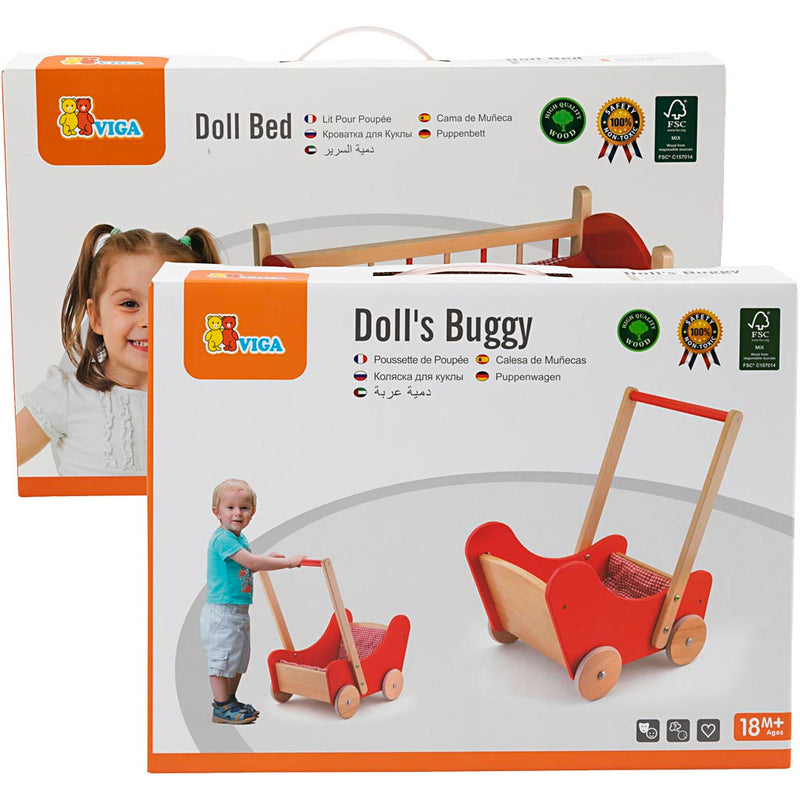 Afbeelding laden in galerijviewer, Https: www.cchobby.nl viga-poppenbed-en-houten-poppenwagen-rood-2-onderdelen-1-set
