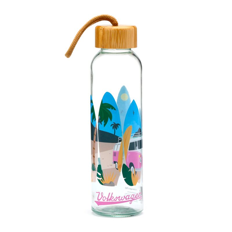 Afbeelding laden in galerijviewer, Volkswagen busje vw t1 waves 500ml duurzame glazen waterfles bamboe deksel