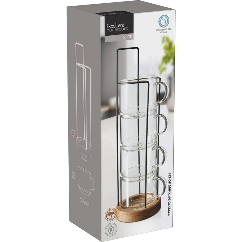 Afbeelding laden in galerijviewer, Excellent houseware drinkglas set 280ml met metaal hout standaard 8x7x10,8cm