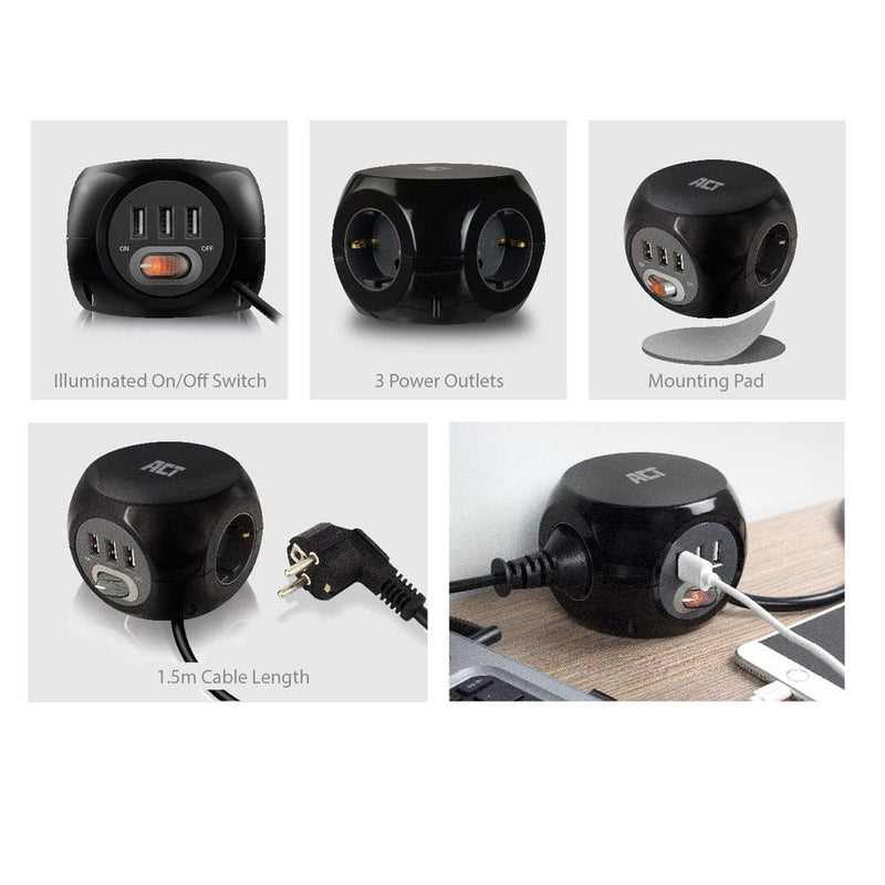 Afbeelding laden in galerijviewer, Act vierkante stekkerdoos (pdu) met 3 sockets type f 1,5m