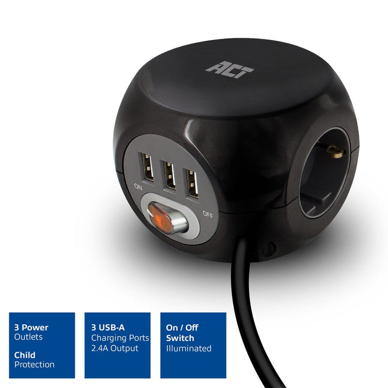 Afbeelding laden in galerijviewer, Act vierkante stekkerdoos (pdu) met 3 sockets type f 1,5m