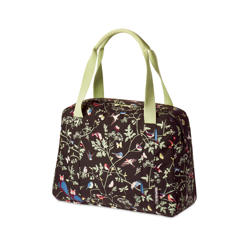 Afbeelding laden in galerijviewer, Basil Wanderlust Carry All Bag - zwarte fietshandtas met kleurrijke vogelprint