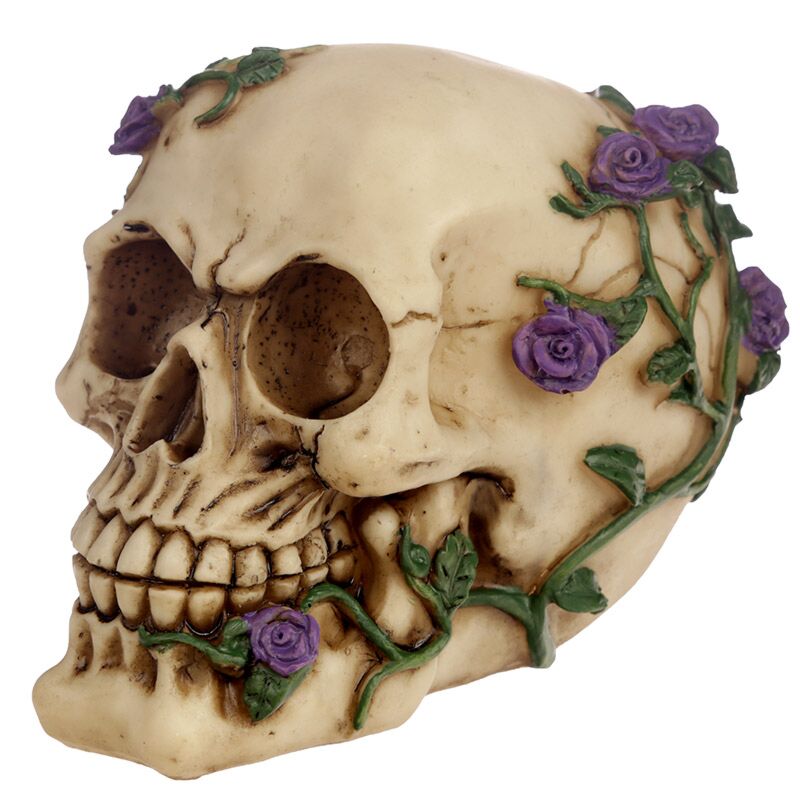 Afbeelding laden in galerijviewer, Schedel beenderen met paarse rozen woonaccessoire