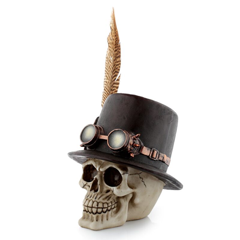 Afbeelding laden in galerijviewer, Steam punk stijl schedel met hoge hoed veren woonaccessoire
