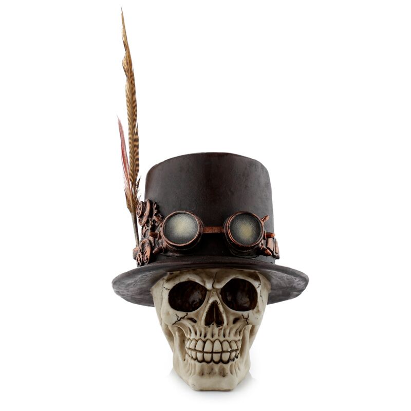 Afbeelding laden in galerijviewer, Steam punk stijl schedel met hoge hoed veren woonaccessoire