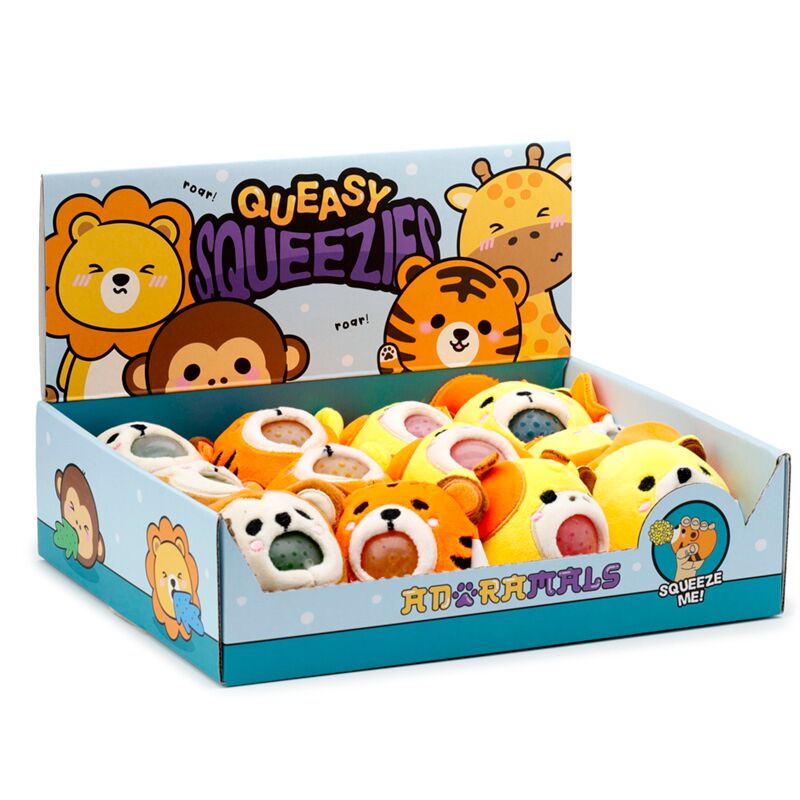 Afbeelding laden in galerijviewer, Queasy squeezies adoramals leeuw giraffe aap en tijger pluche speelgoed