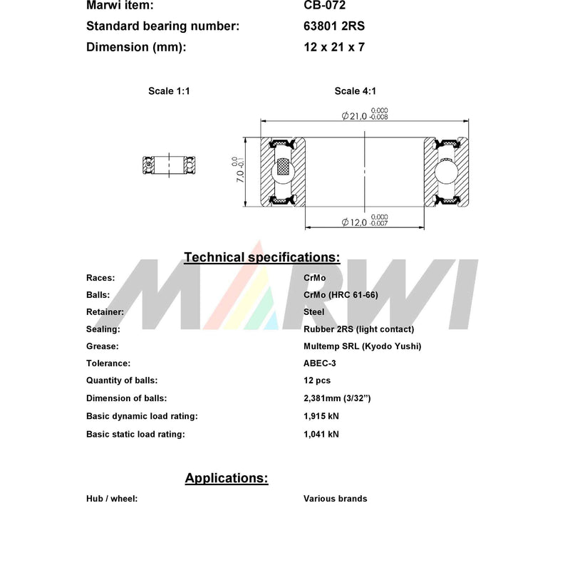 Afbeelding laden in galerijviewer, Marwi union kogellager cb-072 63801 2rs 12x21x7